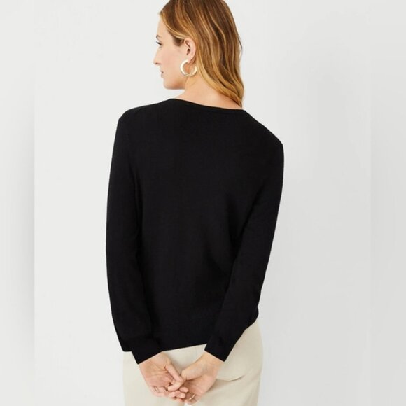 Ann Taylor Buttoned Cardigan Sweater Cotton Knit Crew Neck Womens Medium Black - Picture 2 of 10